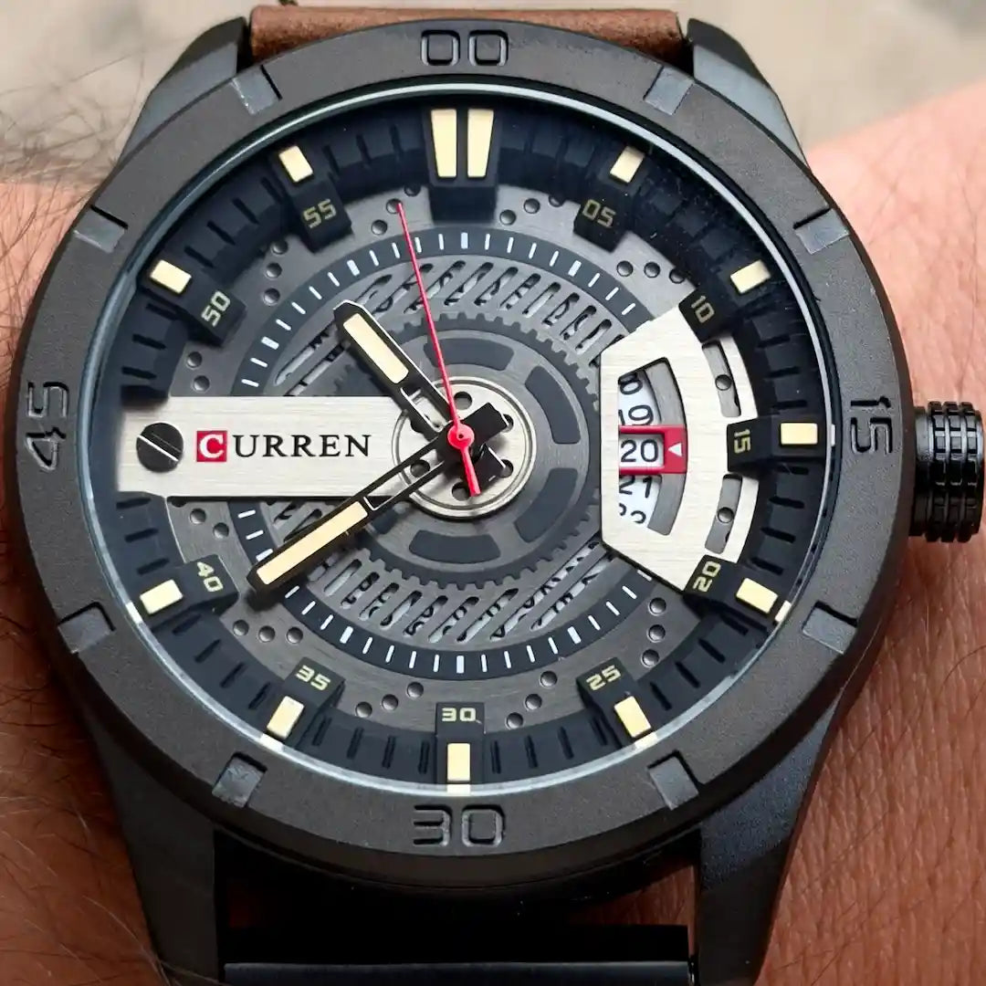 Dial Curren 8301 café con negro calendario y agujas luminosas para hombre
