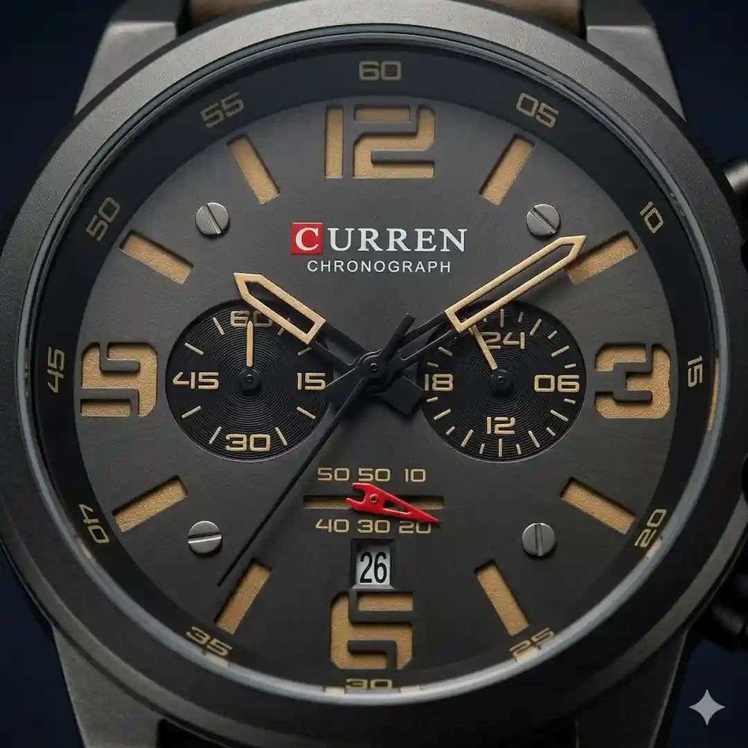 Dial Curren 8314 Negro Café cronógrafo con subdiales y agujas luminosas para hombre