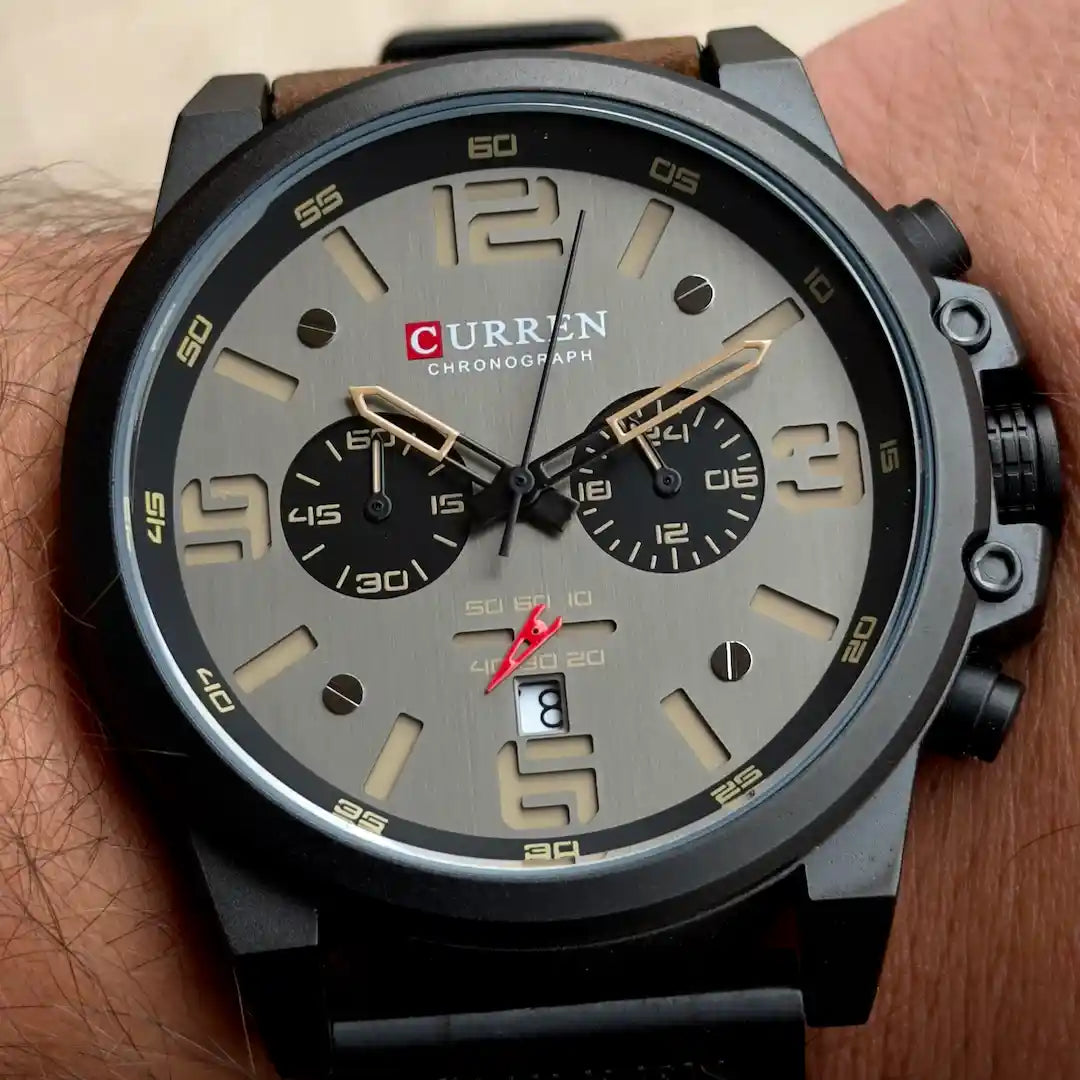 Dial Curren 8314 negro café cronógrafo con subdiales y agujas luminosas para hombre