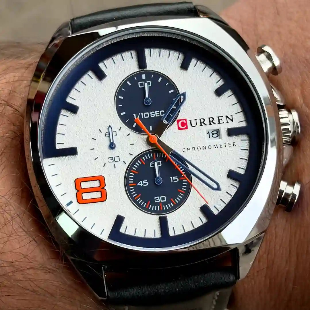 Dial Curren 8324 Blanco Negro cronógrafo con subdiales y agujas luminosas para hombre 