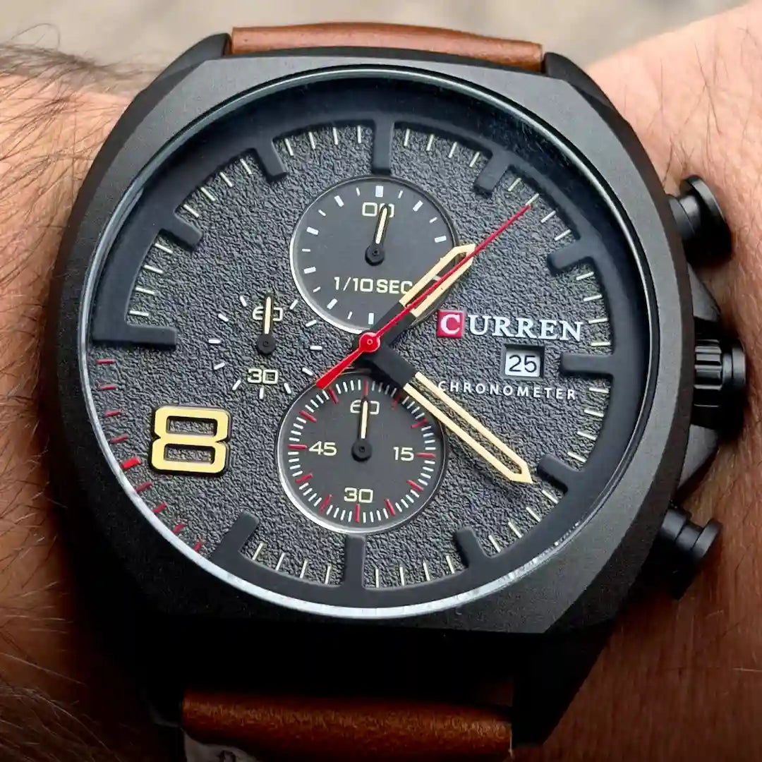 Dial Curren 8324 Negro Café cronógrafo con subdiales y agujas luminosas para hombre