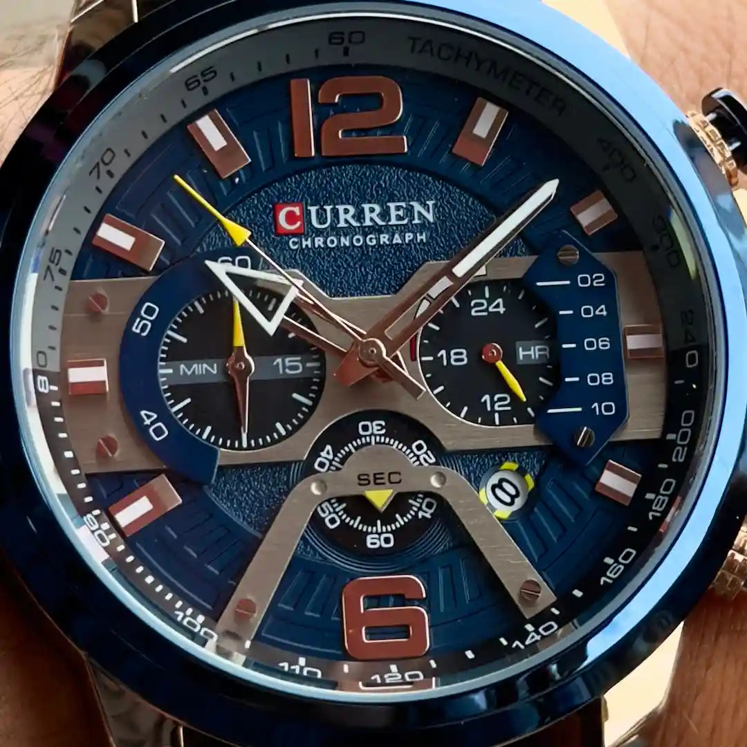 Dial Curren 8329 Cobre Azul cronógrafo con subdiales y agujas luminosas para hombre