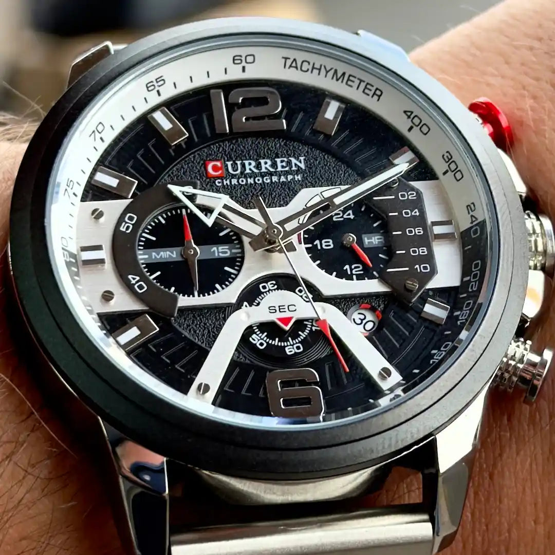 Dial Curren 8329 Plata Negro cronógrafo con subdiales y agujas luminosas para hombre