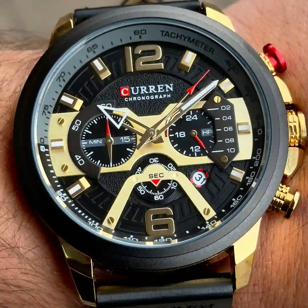 Dial Curren 8329 dorado negro cronógrafo con subdiales y agujas luminosas para hombre