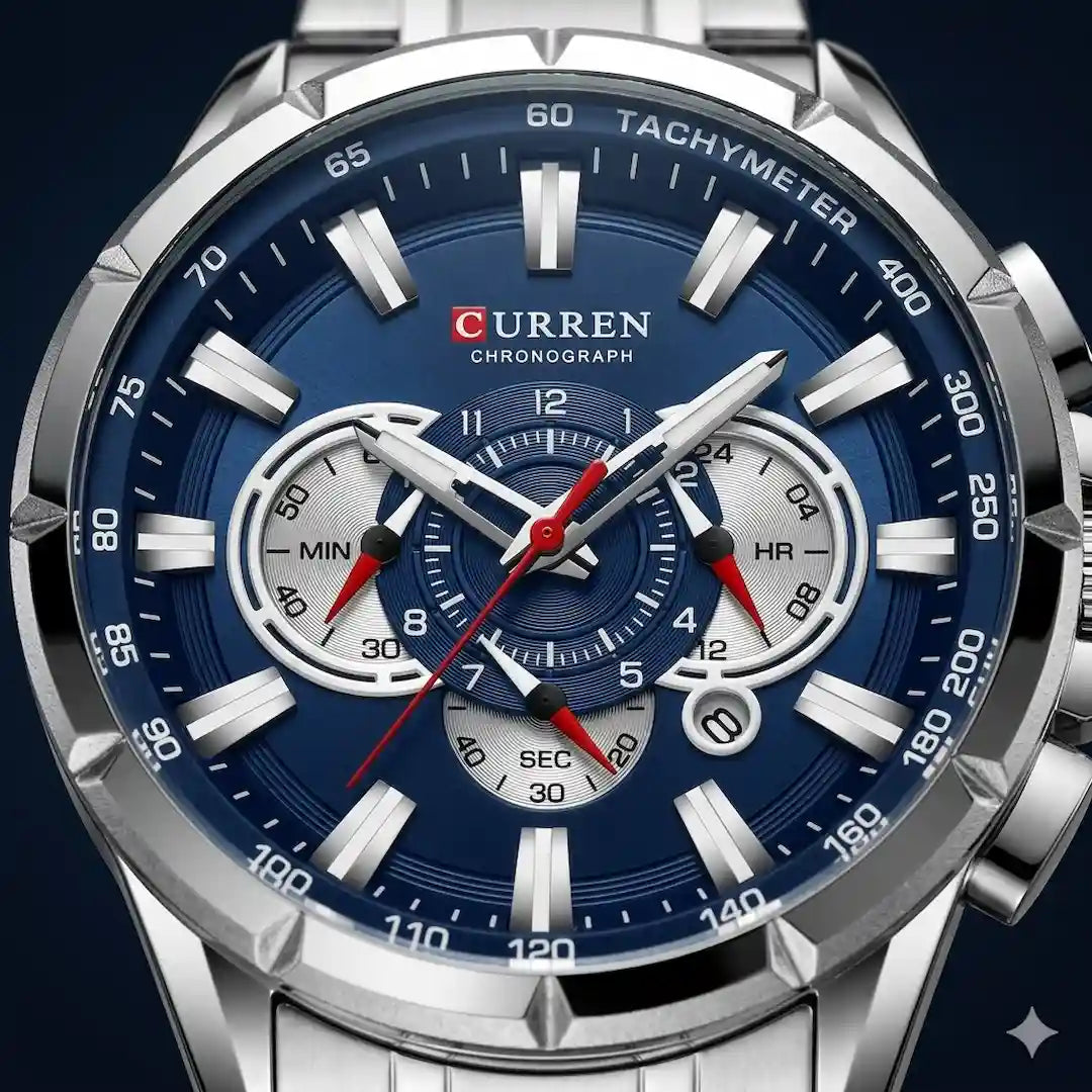 Dial Curren 8363 Plata Azul cronógrafo con subdiales y agujas luminosas para hombre