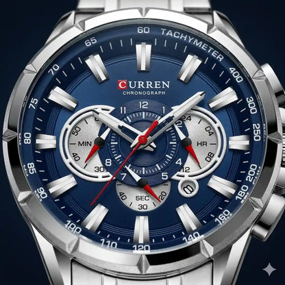 Dial Curren 8363 Plata Azul cronógrafo con subdiales y agujas luminosas para hombre