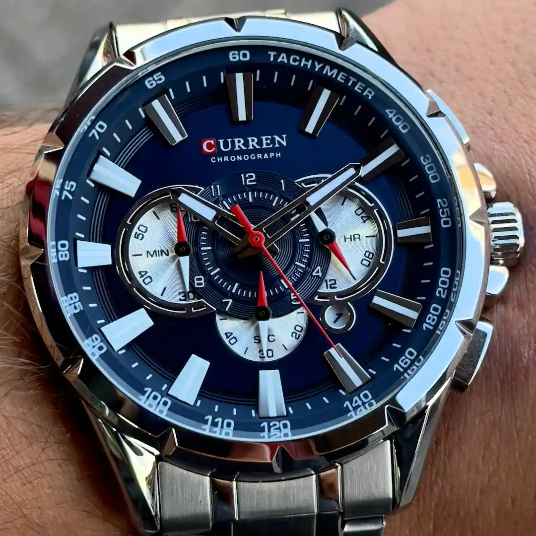Dial Curren 8363 Plata Azul cronógrafo con subdiales y agujas luminosas para hombre