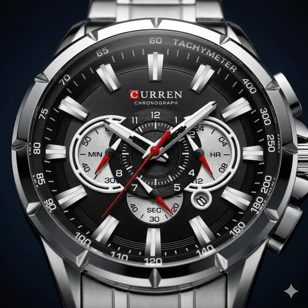Dial Curren 8363 Plata Negro cronógrafo con subdiales y agujas luminosas para hombre