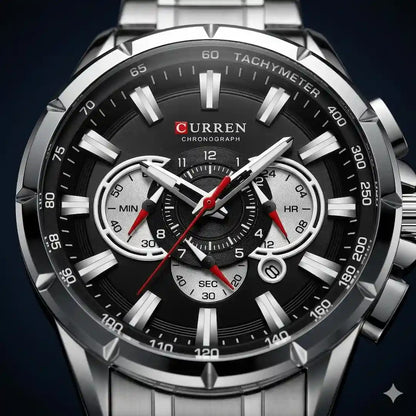 Dial Curren 8363 Plata Negro cronógrafo con subdiales y agujas luminosas para hombre