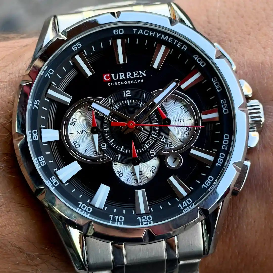 Dial Curren 8363 Plata Negro cronógrafo con subdiales y agujas luminosas para hombre