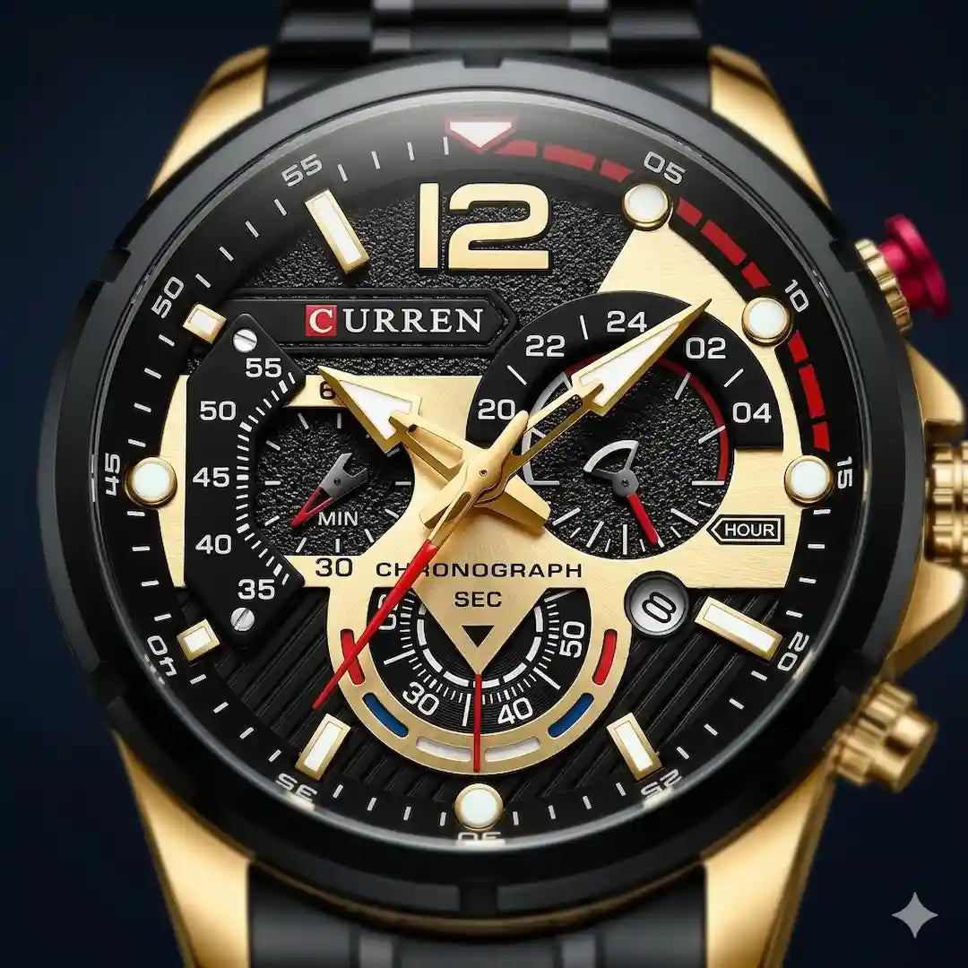 Dial Curren 8395 Dorado Negro cronógrafo con subdiales y agujas luminosas para hombre
