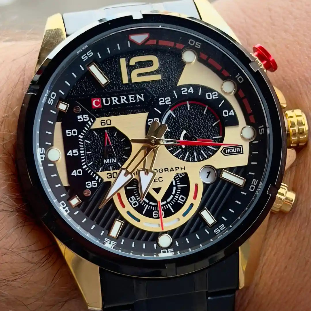 Dial Curren 8395 Dorado Negro cronógrafo con subdiales y agujas luminosas para hombre