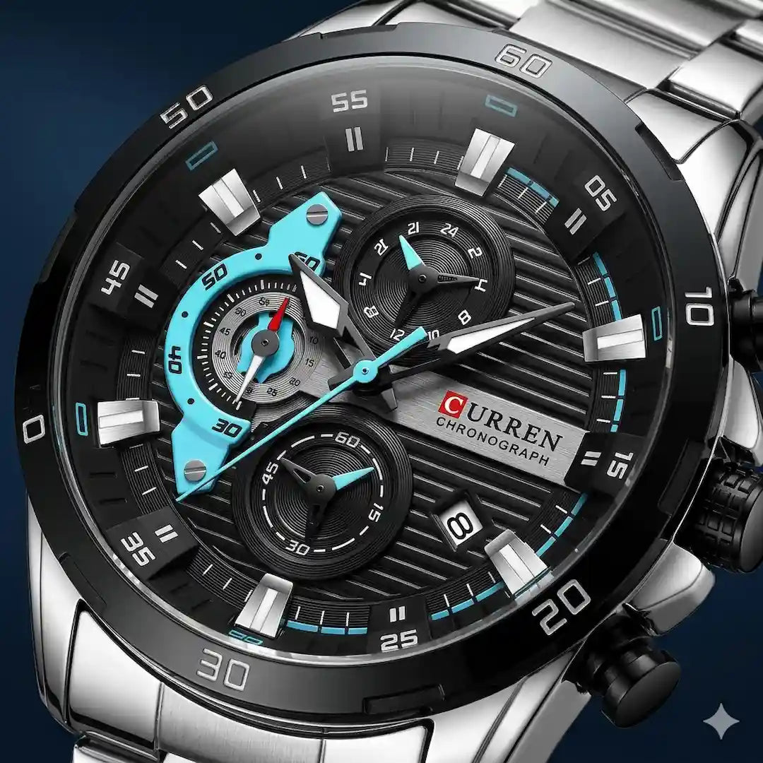 Dial Curren 8402 Plata Azul cronógrafo con subdiales y agujas luminosas para hombre