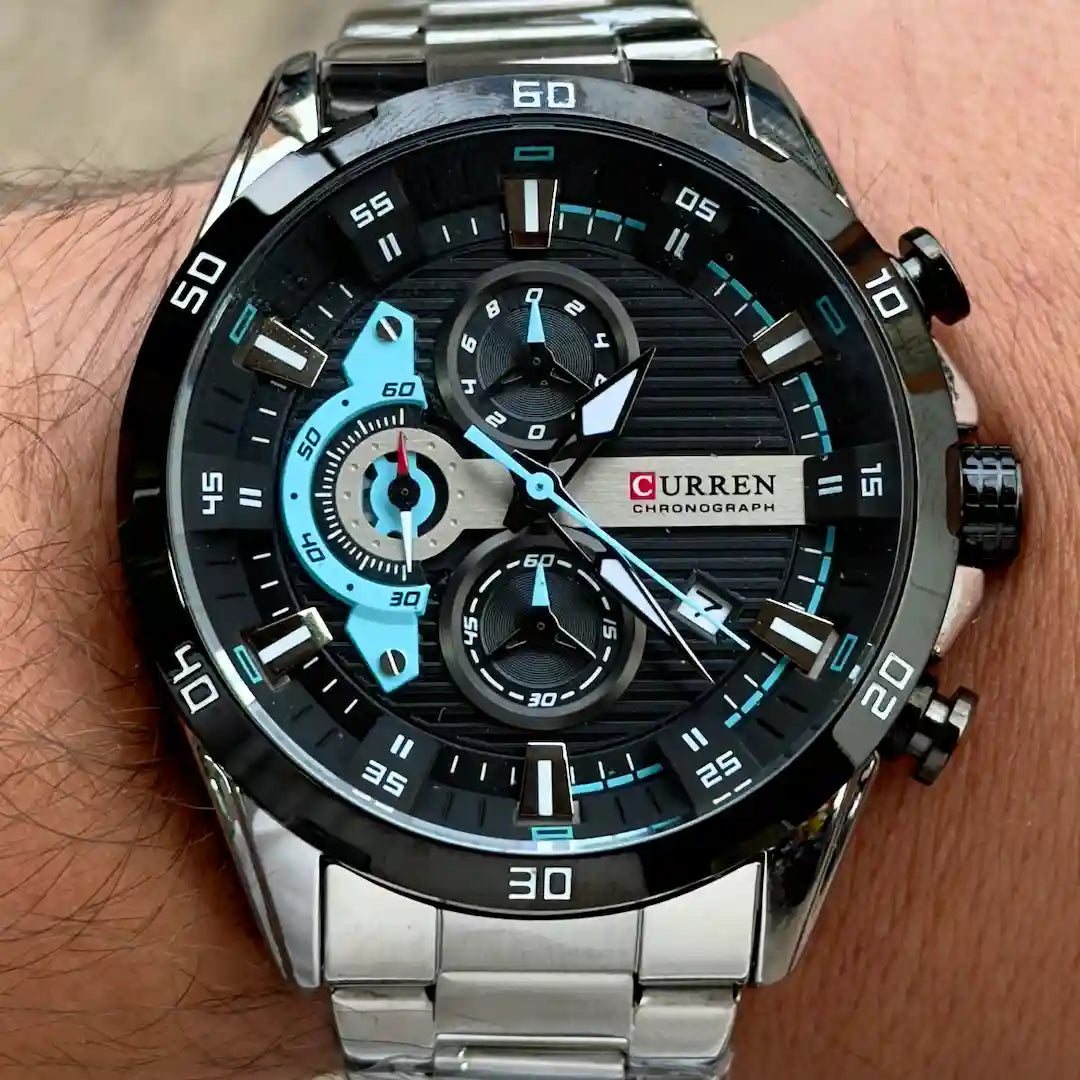 Dial Curren 8402 Plata Azul cronógrafo con subdiales y agujas luminosas para hombre