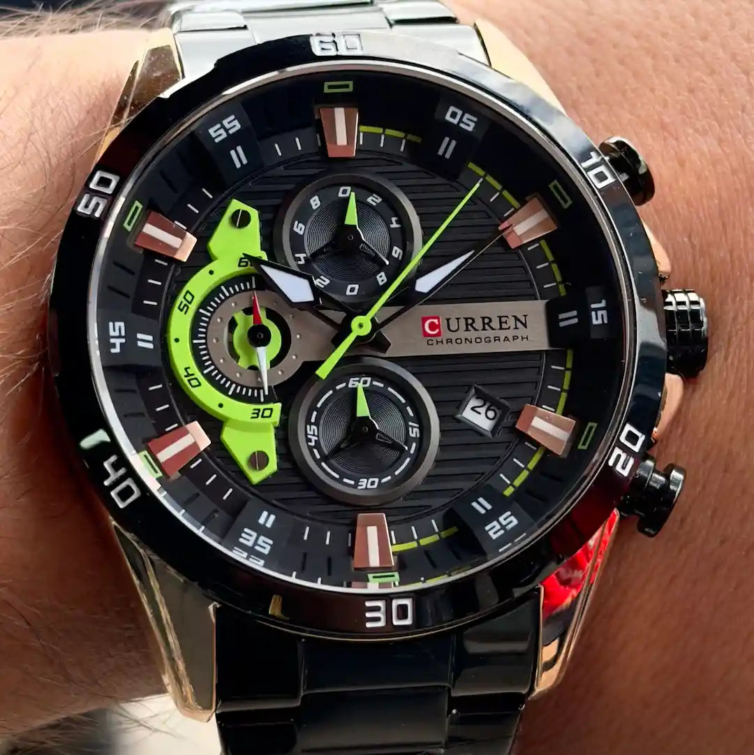 Dial Curren 8402 cobre verde cronógrafo con subdiales y agujas luminosas para hombre