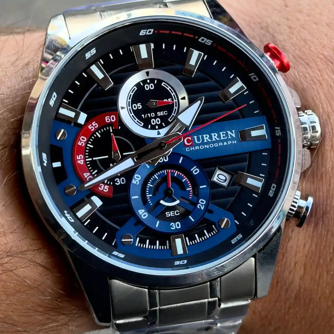 Dial Curren 8415 Plata Azul cronógrafo con subdiales y agujas luminosas para hombre