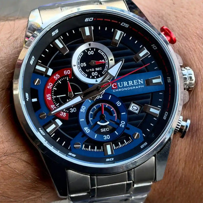 Dial Curren 8415 Plata Azul cronógrafo con subdiales y agujas luminosas para hombre