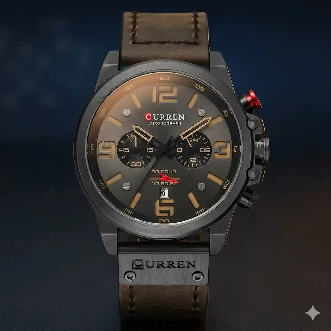 Reloj Curren 8314 Negro Café cronógrafo original para hombre cuero