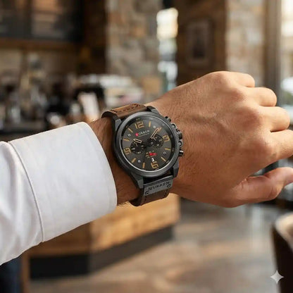 Reloj Curren 8314 Negro Café puesto en muñeca hombre look casual elegante