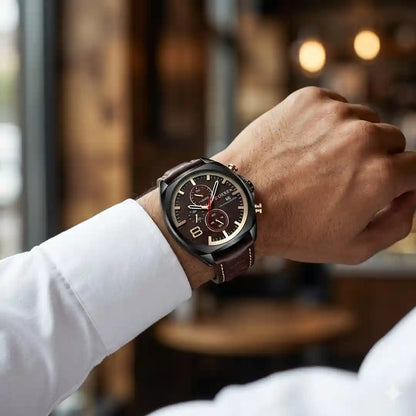 Reloj Curren 8324 Café Café puesto en muñeca hombre look casual elegante