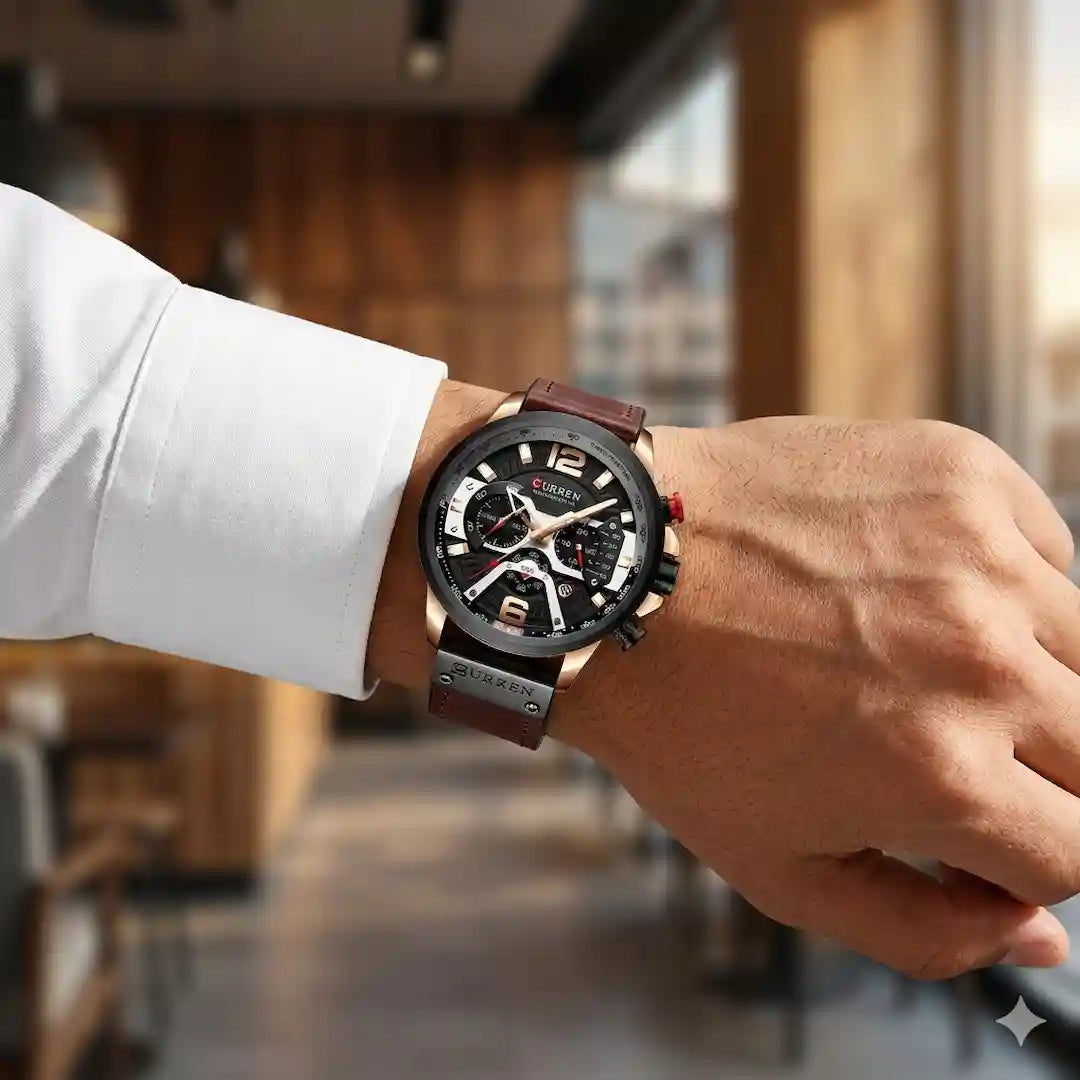 Reloj Curren 8329 Cobre Café puesto en muñeca hombre look casual elegante