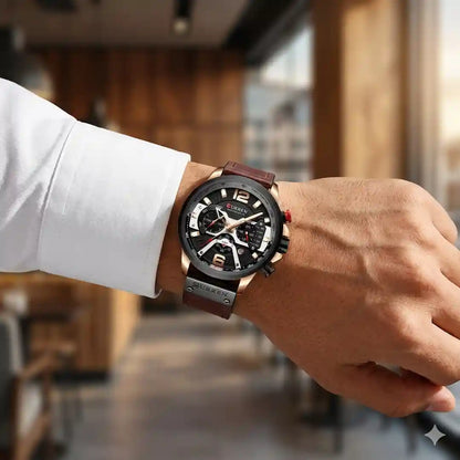 Reloj Curren 8329 Cobre Café puesto en muñeca hombre look casual elegante