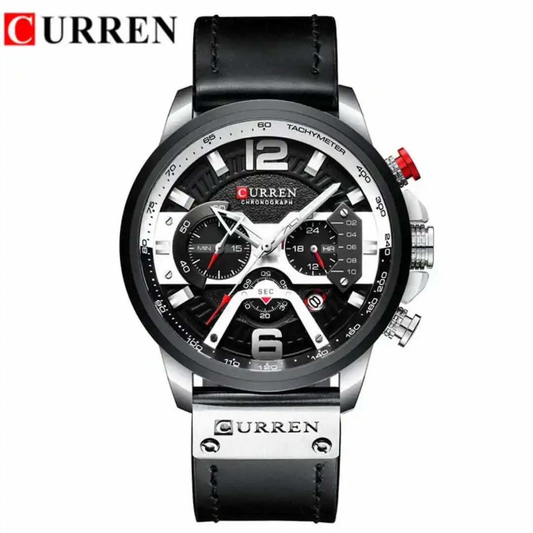 Reloj Curren 8329 Plata Negro cronógrafo original para hombre cuero