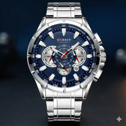 Reloj Curren 8363 Plata Azul cronógrafo original para hombre acero inoxidable