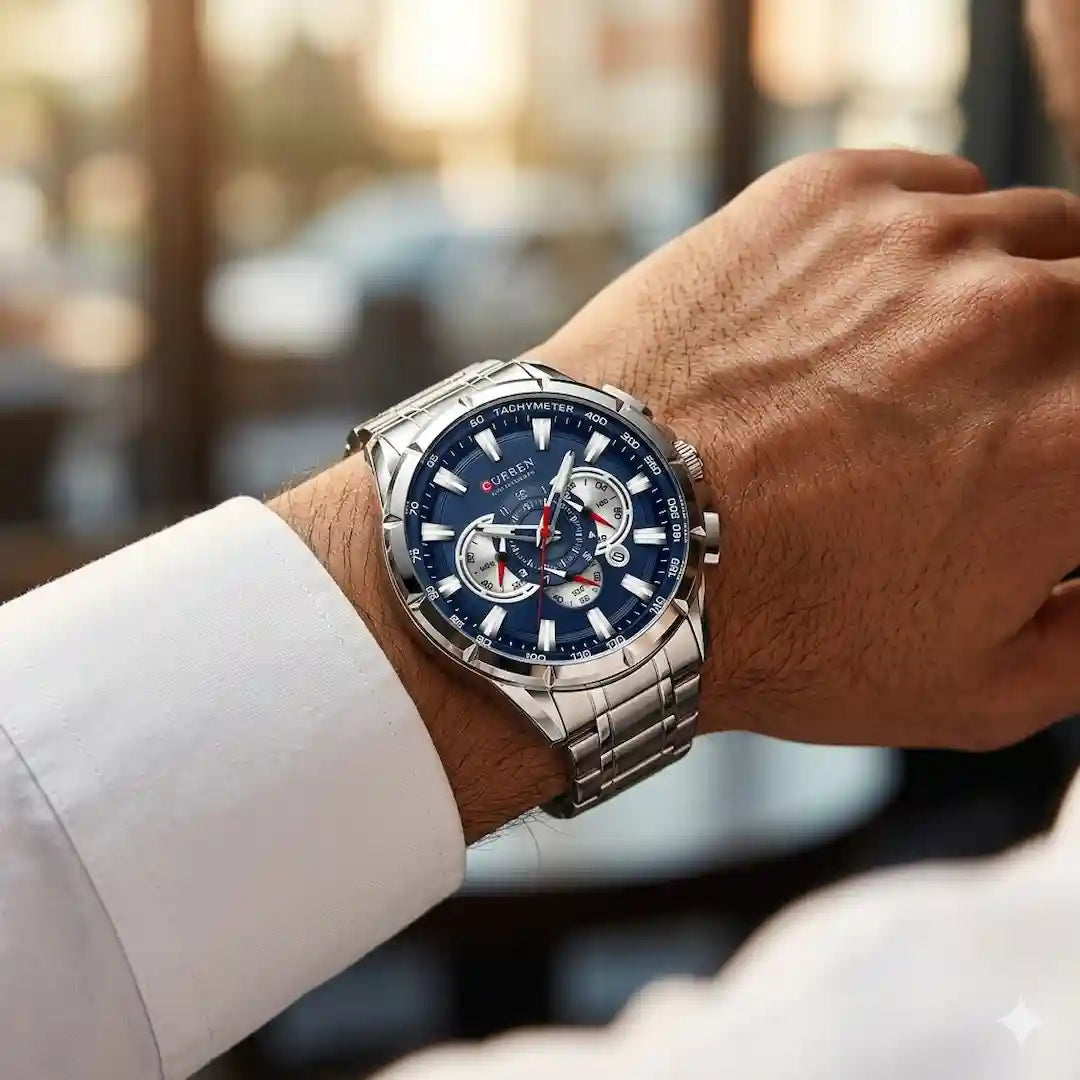 Reloj Curren 8363 Plata Azul puesto en muñeca hombre look casual elegante