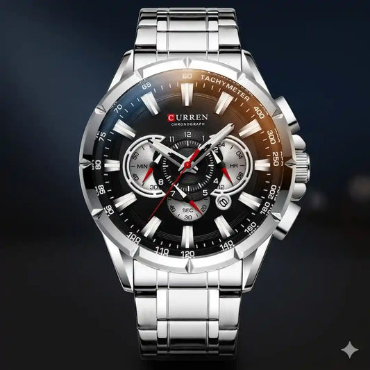 Reloj Curren 8363 Plata Negro cronógrafo original para hombre acero inoxidable