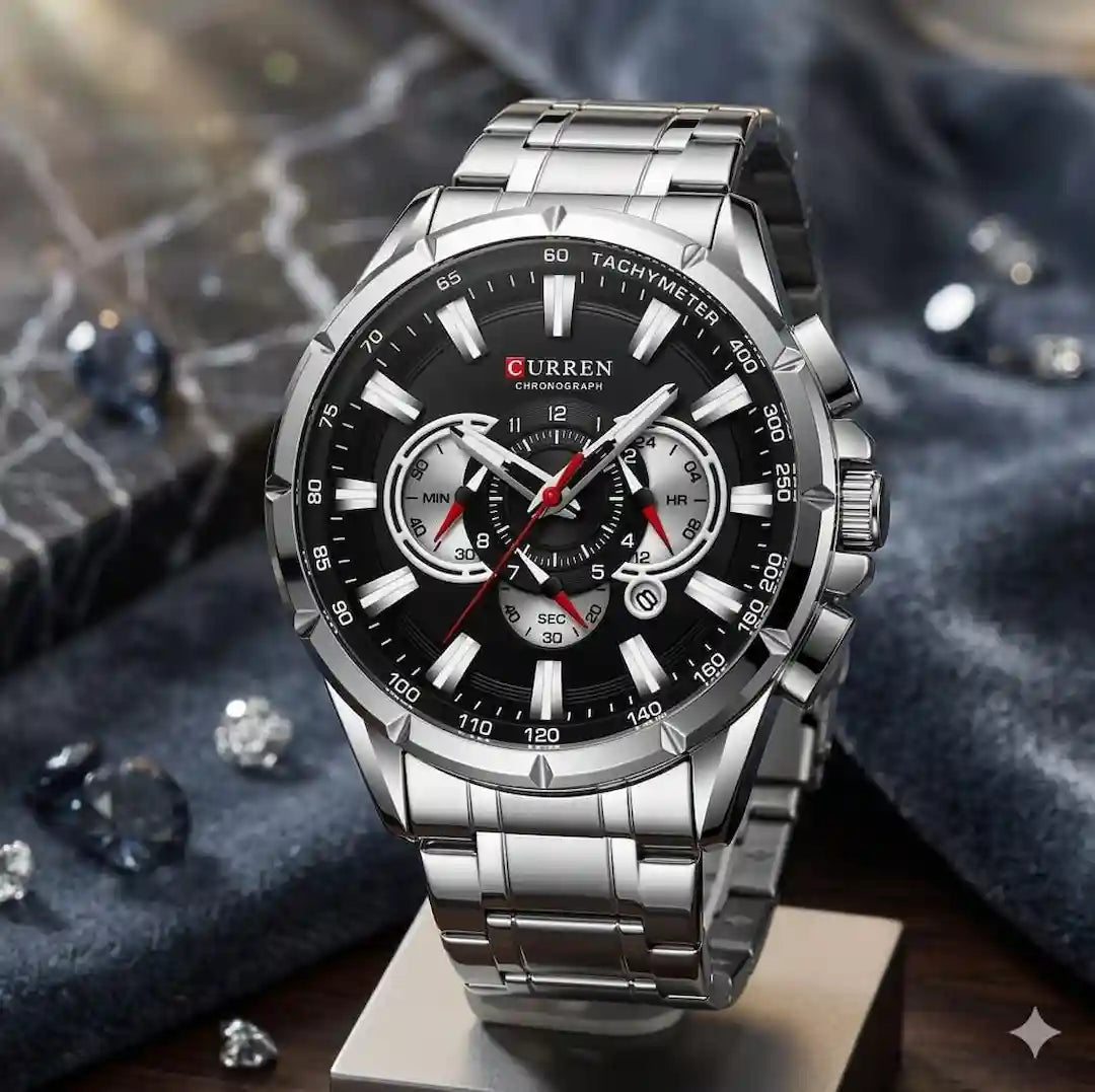 Reloj Curren 8363 Plata Negro cronógrafo presentación de lujo para hombre