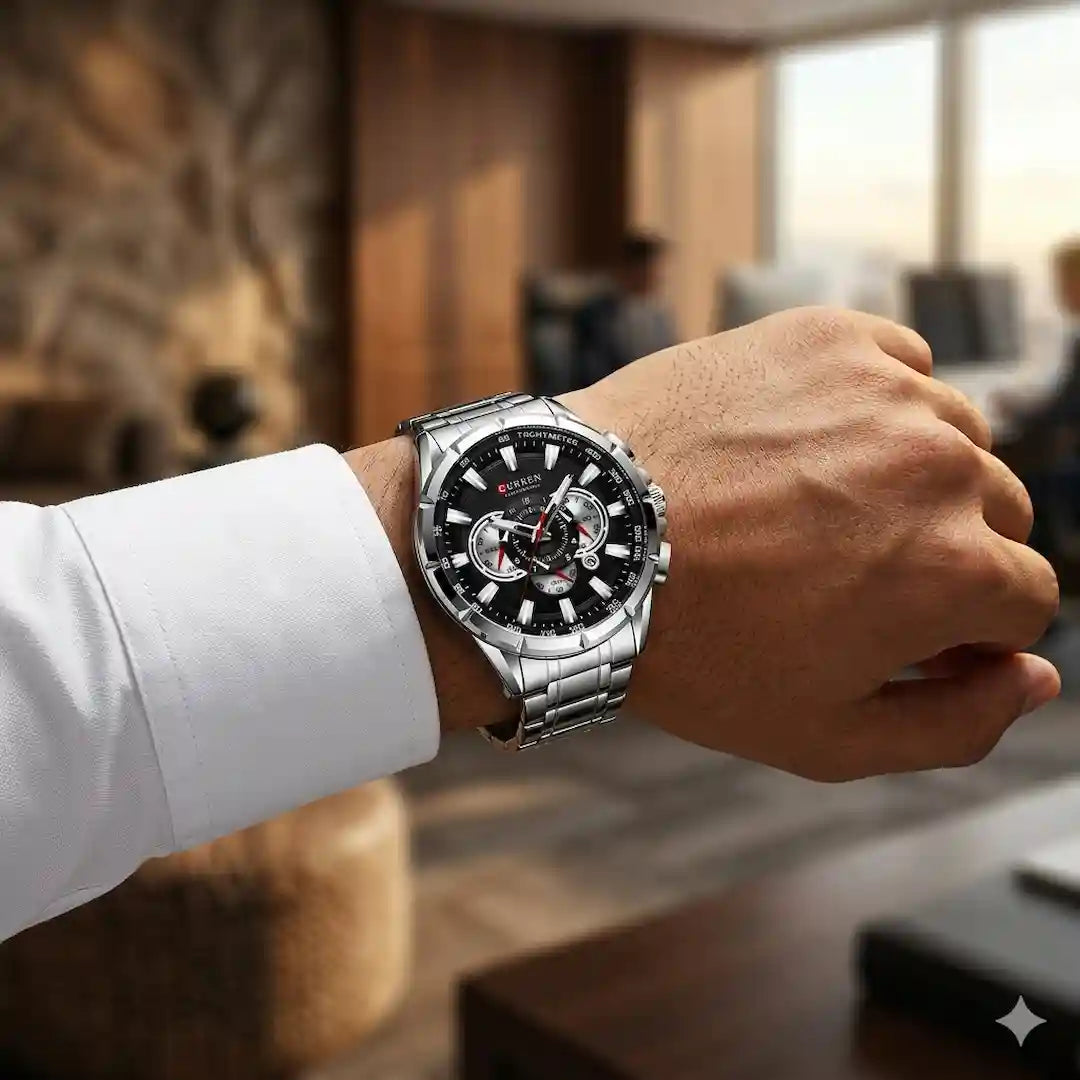 Reloj Curren 8363 Plata Negro puesto en muñeca hombre look casual elegante