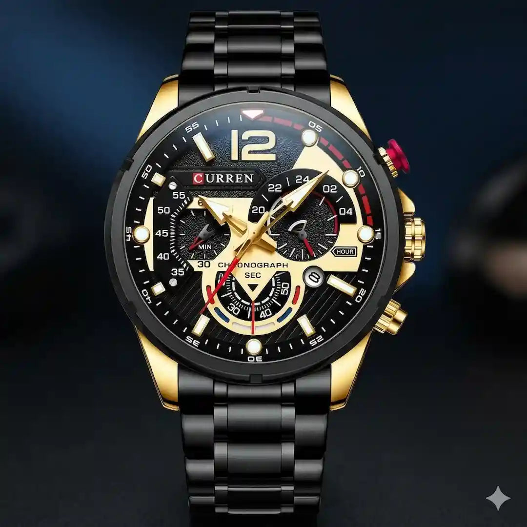 Reloj Curren 8395 Dorado Negro cronógrafo original para hombre acero inoxidable
