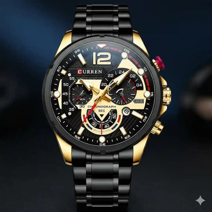 Reloj Curren 8395 Dorado Negro cronógrafo original para hombre acero inoxidable