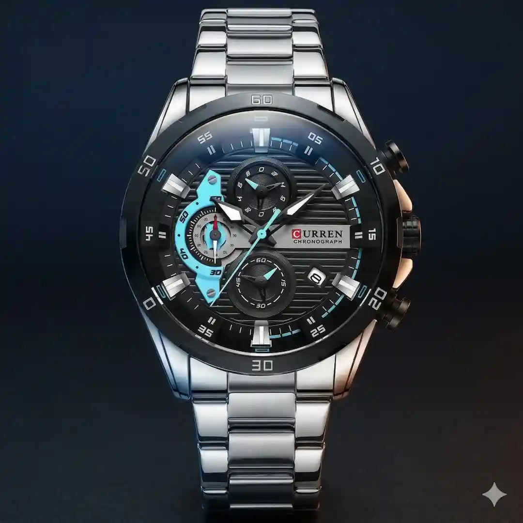 Reloj Curren 8402 Plata Azul cronógrafo original para hombre acero inoxidable