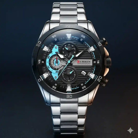 Reloj Curren 8402 Plata Azul cronógrafo original para hombre acero inoxidable