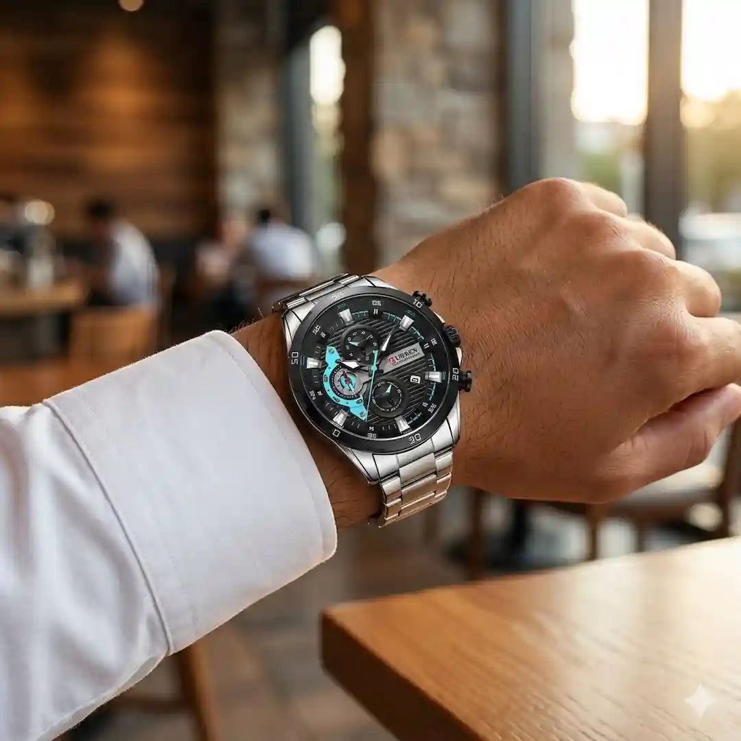 Reloj Curren 8402 Plata Azul puesto en muñeca hombre look casual elegante