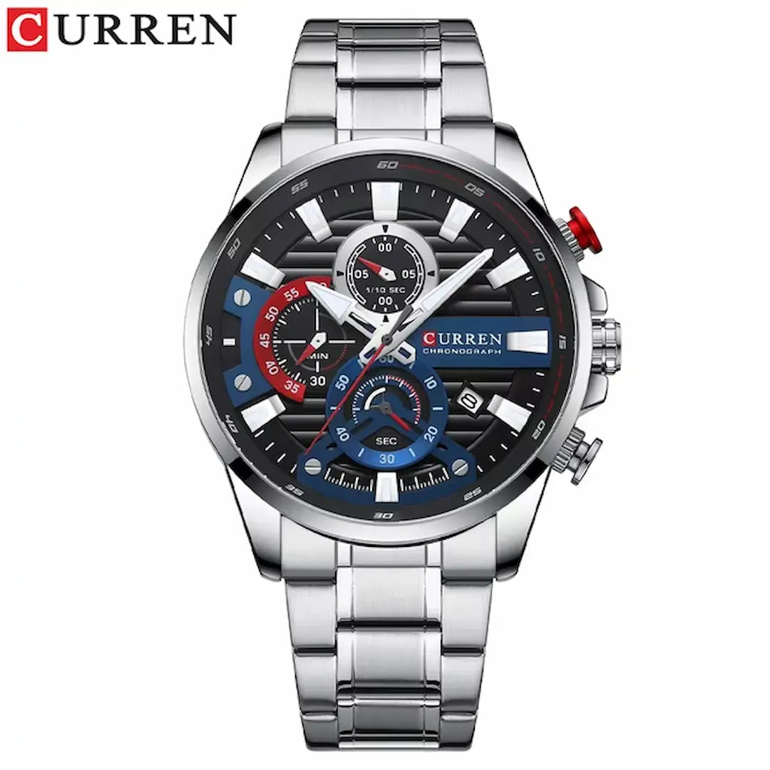 Reloj Curren 8415 Plata Azul cronógrafo original para hombre acero inoxidable
